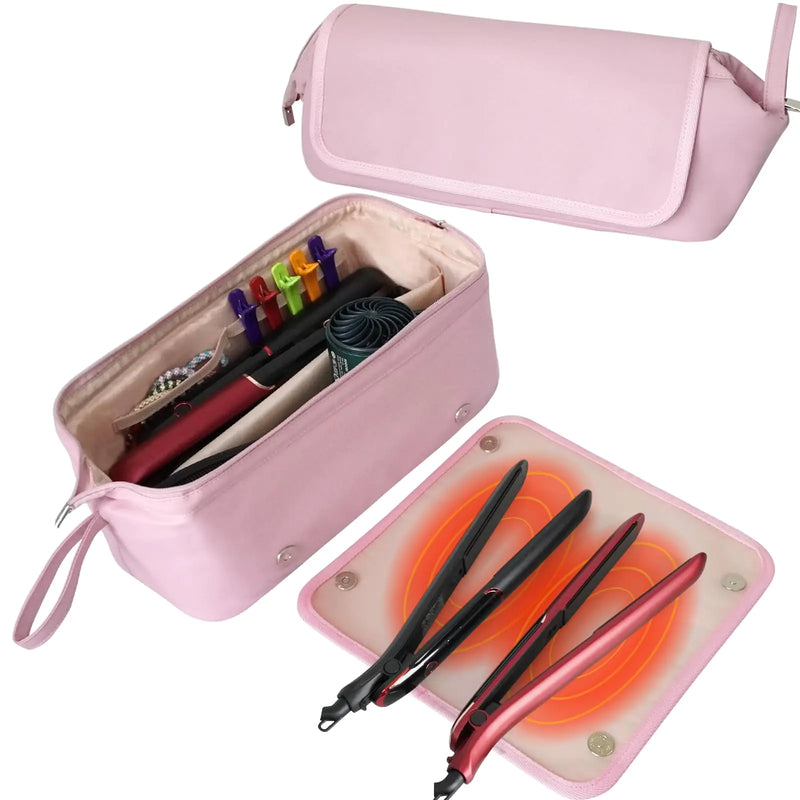 Hot Hair Tools Travel Bag with Heat-resistant Mat Hair Tools Organizer for Straighteners Curling Iron Hair Dryers Hair Accessories Waterproof 2 in 1 Hair Styling Curling Iron Travel Case (Pink)
