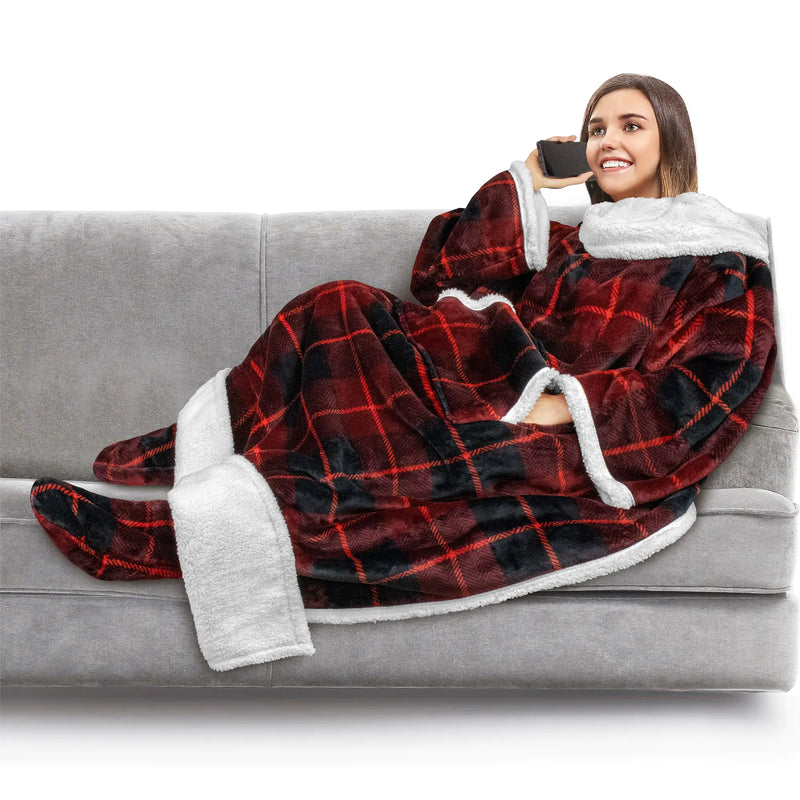 PAVILIA Sherpa Blanket with Sleeves Foot Pocket for Women Men Adults Thick Wearable Blanket Throw Wrap Fleece Warm Snuggle Blanket Robe Cozy Gift Ideas Wife Mom Plaid Red
