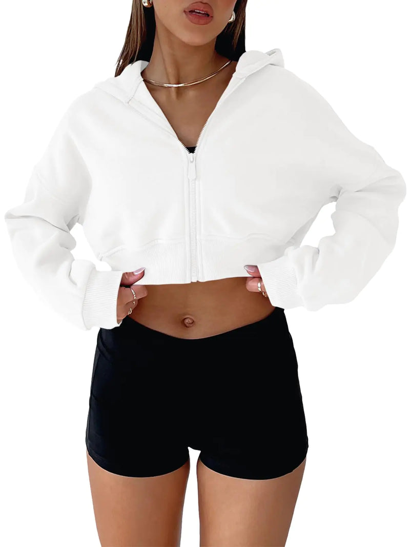 Aurgelmir Womens Cropped Zip Up Hoodie Sweatshirts Long Sleeve Casual Loose Y2K Pullover Tops White