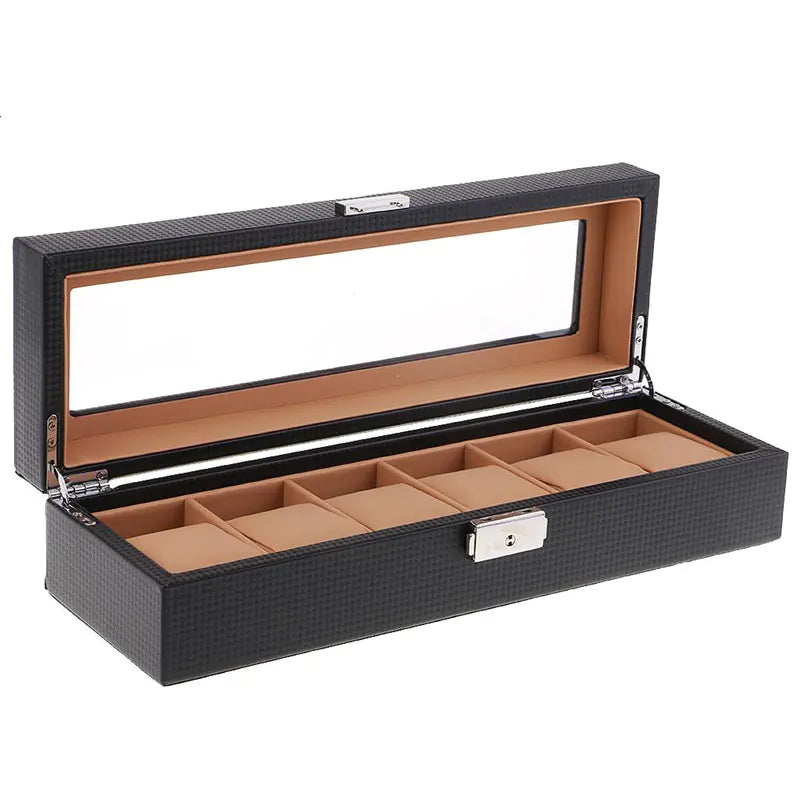 Carbon Fiber 6-Slot Watch Box in Black Leather