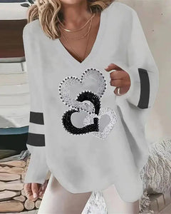 Loose V-neck Geometric Long-sleeved Sweater for Fall/Winter