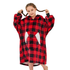 Ramees Wearable Blanket Hoodie for Kids Sherpa Oversized Sweatshirt Blanket Flannel with Hood Pocket and Sleeves (Red Plaid)
