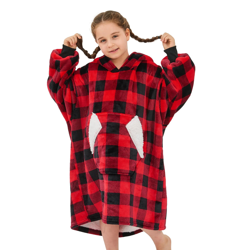 Ramees Wearable Blanket Hoodie for Kids Sherpa Oversized Sweatshirt Blanket Flannel with Hood Pocket and Sleeves (Red Plaid)