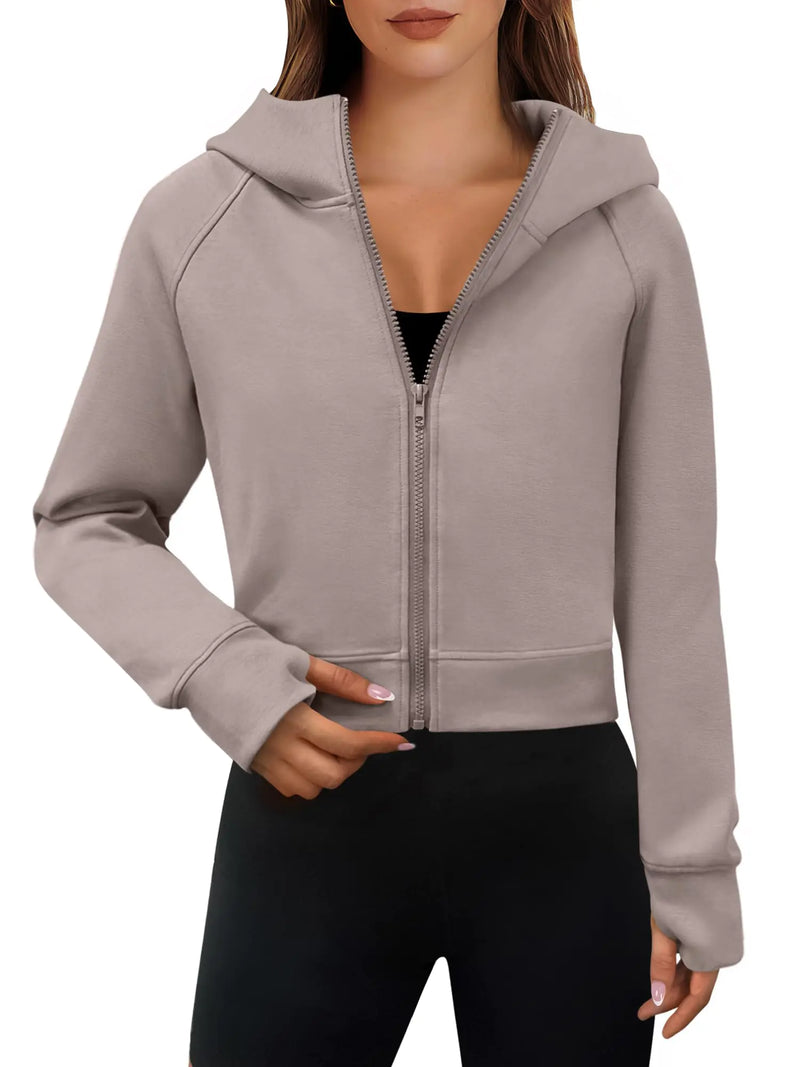 ANRABESS Womens Zip Up Hoodies Cropped Sweatshirts Fleece Jackets Fall Outfits Casual Hooded Y2k Tops Winter Clothes 2024 Light Khaki Large