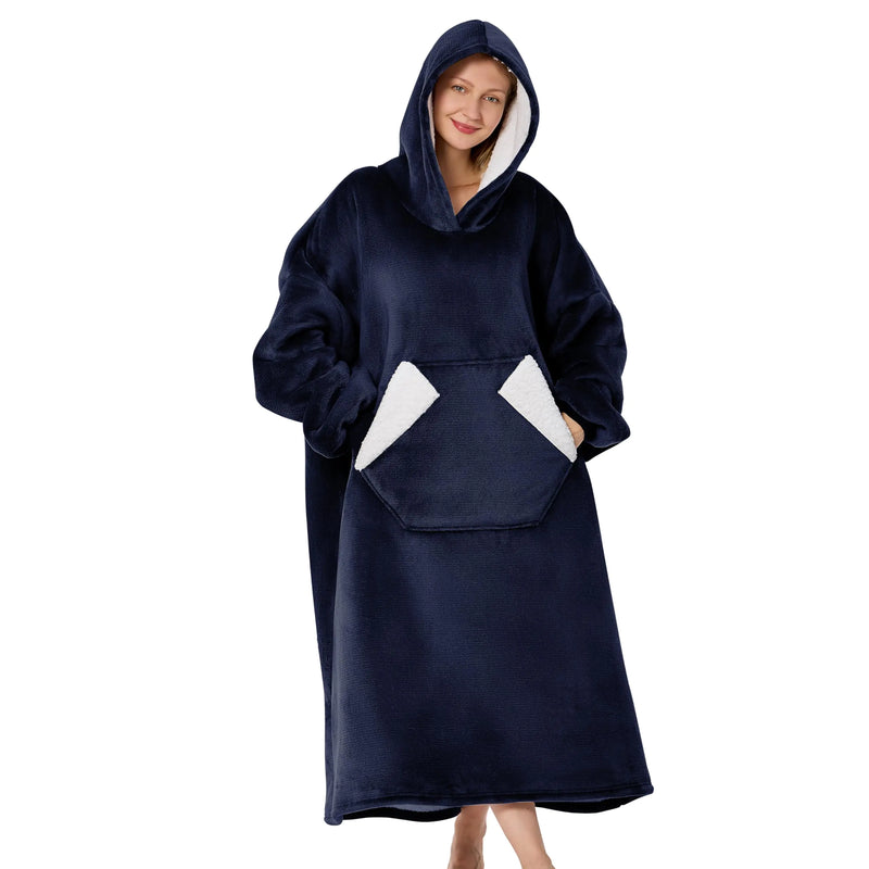 Wearable Blanket Hoodie Sherpa Fleece Hooded Blanket Oversized Hoodie for Adults Women Men Cozy Blanket Sweatshirt with Hood Pocket & Sleeves Gifts for Wife Mom One Size Fits All (Navy Blue)
